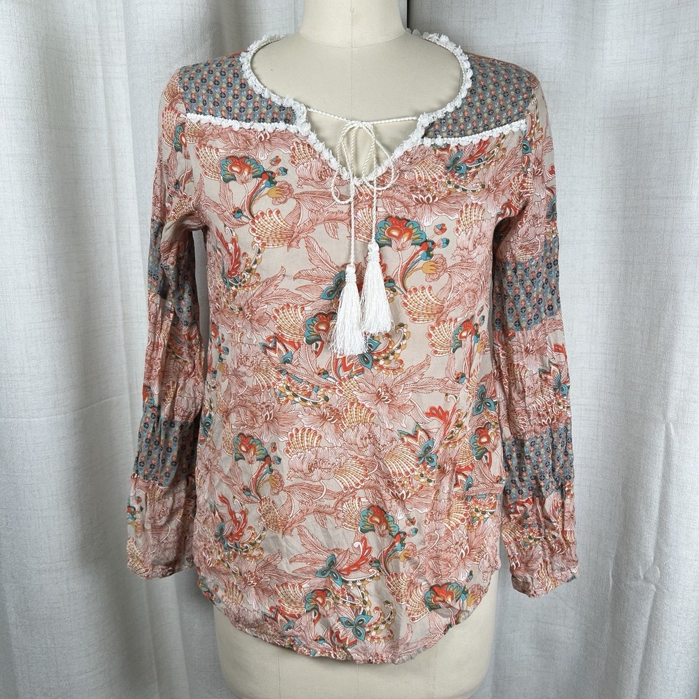 Sundance Peasant Blouse Tassel Ties Floral Leaf Print Womens Medium Boho Cottage